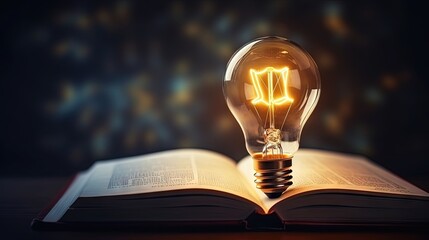 Glowing light bulb on book inspiration from reading for innovation and self learning in business