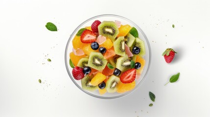 Fresh fruit salad in glass bowl on white wooden background viewed from above