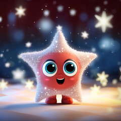 Illustration of a cute and funny star with eyes and a smile, blurred and bokeh festive background.