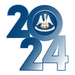 2024 banner with Louisiana state flag inside. Vector illustration.