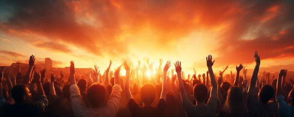 Worship God concept, International human rights day concept: Silhouette people hands rising over blurred abstract autumn sunset background, people hands rising  - obrazy, fototapety, plakaty
