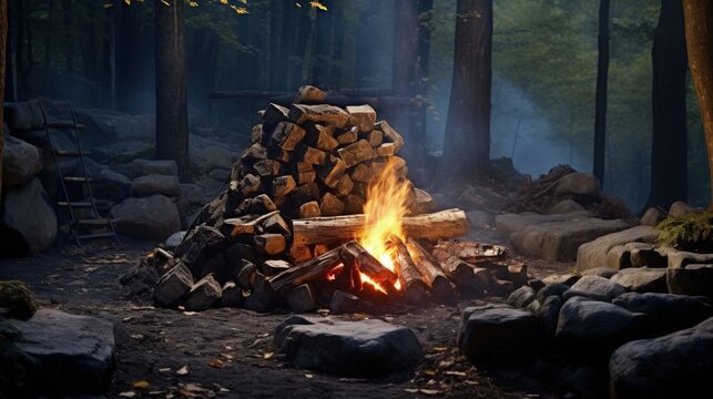 Fire pit made of stacked rocks in a makeshift forest campsite for safe camping near a river and bridge to avoid forest fires