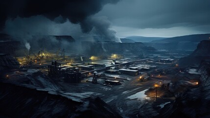 Evening photo of open pit coal mining - obrazy, fototapety, plakaty