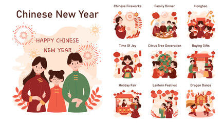 Chinese New Year tradition set. Cheerful asian family leisure on festive day - obrazy, fototapety, plakaty