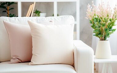 Square white blank throw pillow on a styled sofa , Mock ups ,modern living room with sofa.