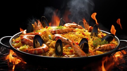Delicious Spanish seafood paella cooked in a skillet