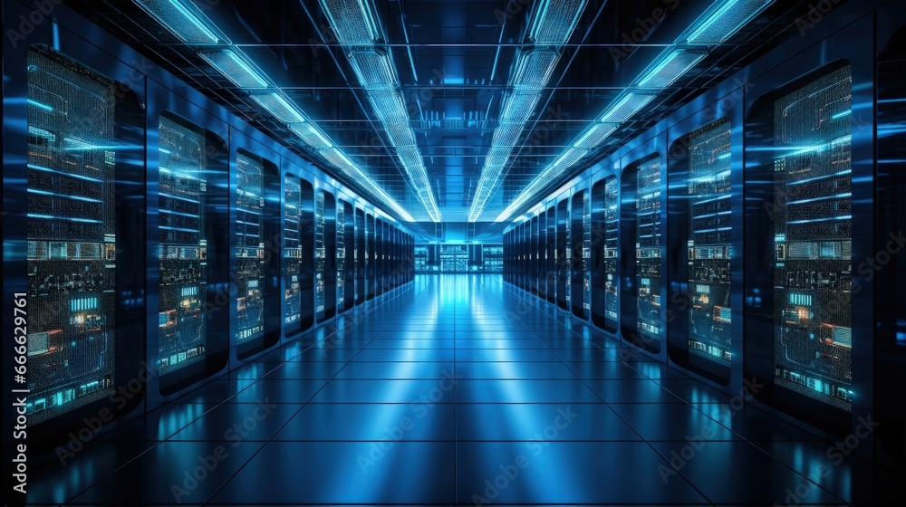 Poster Data center filled with servers and supercomputers displaying high speed internet visuals