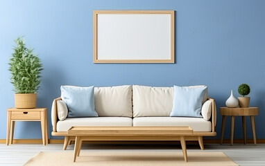  Warm and Cozy Composition of spring living room interior with mock - up poster frame, wooden sideboard, white sofa, green stand, base with leaves, plants, and stylish lamp, Home Decor,