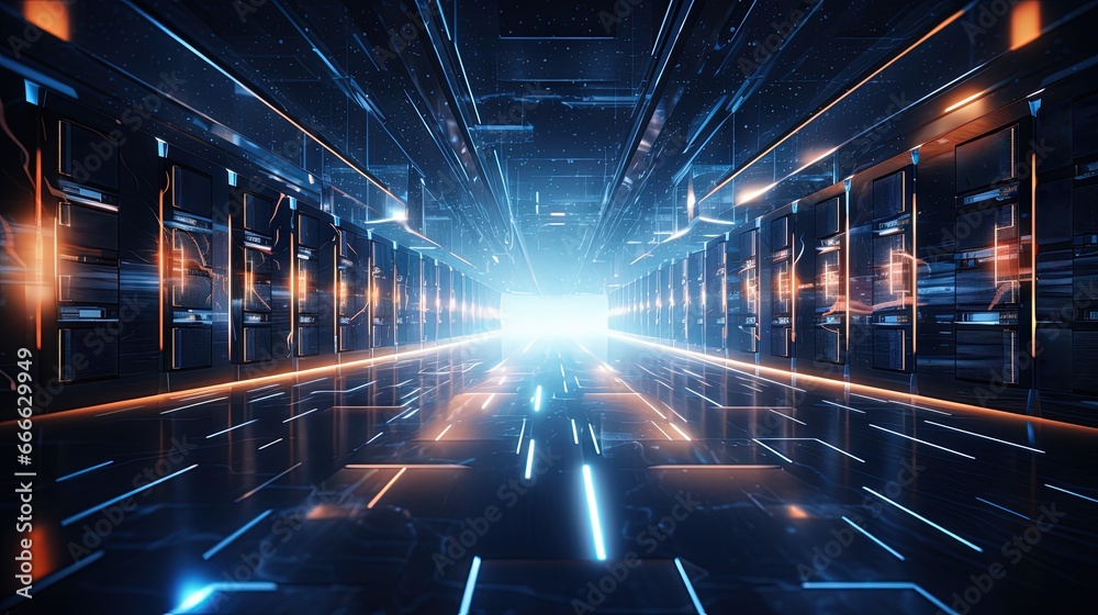 Aufkleber dark room server racks in data technology center depicting internet of things big data storage crypt