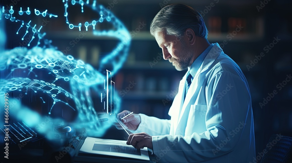 Poster doctor analyzing human dna using a tablet with virtual interface illuminating abstract genetic mater