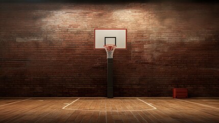 Empty background view of an indoor sports court with goalposts basketball hoop and net against a red brick wall