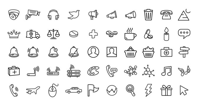 Line Icon Set. Marketing, Justice, Coffee, Ambulance, Crown, Drags, Router, communication and Many More. Editable Stroke Vector Icons 