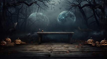 Eerie forest scene with moon and table on Halloween - obrazy, fototapety, plakaty