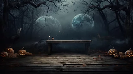 Foto op Canvas Eerie forest scene with moon and table on Halloween © vxnaghiyev