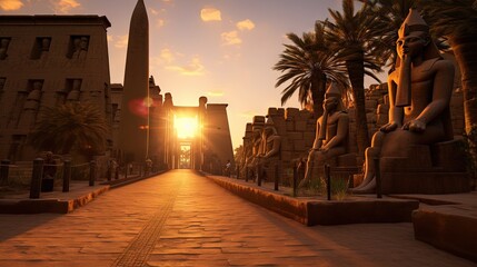 Egypt s Luxor Temple entrance showcases a sunset backdrop and features Ramesses II s statue - obrazy, fototapety, plakaty