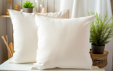 Square white blank throw pillow on a styled sofa , Mock ups ,modern living room with sofa.