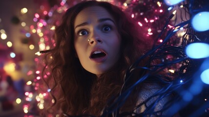 Frustrated Woman Tangled in Christmas Lights Screaming at Santa Claus with Angry Emotions during Winter
