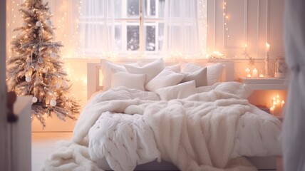 Garland-lit Romantic New Year's Bedroom with Festive Spruces: A Beautiful and Comfortable Celebration of Christmas Colours and Romantic Interior Concept.