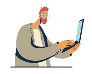 Smiling man works on a laptop. Office worker or company employee.