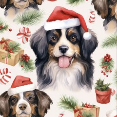 Festive Watercolor Dog Christmas Pattern with Santa Hats and Gift Boxes
