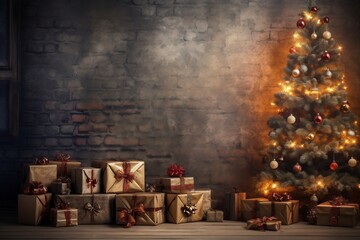 Christmas tree and heap of gifts - copy space over concrete wall background