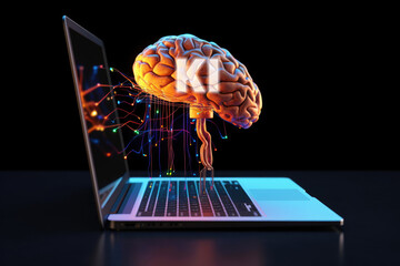Künstliche Intelligenz, Computer mit Gehirn und Text KI - Konzept Bild - 666630750
