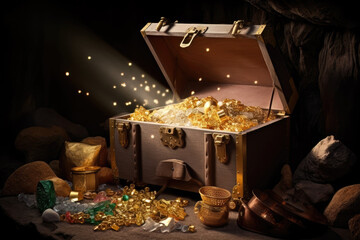 Open treasure chest with gold, jewelry and light rays