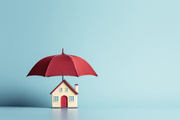 Mini House under Umbrella Insurance in hues of blue, red and yellow