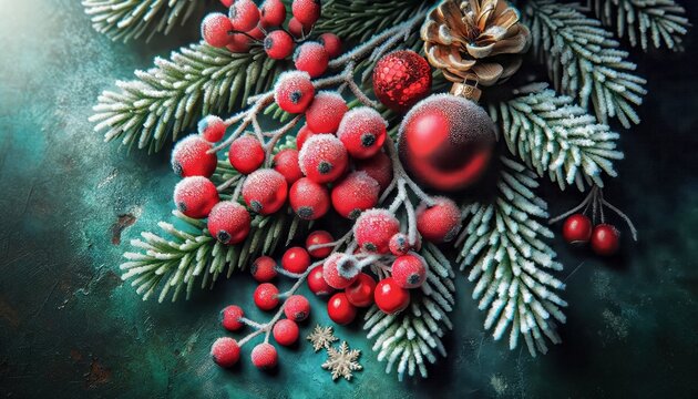 A captivating Christmas image featuring frost-kissed fir branches, radiant red berries, and shimmering ornaments. Generative AI.