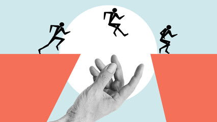 Find a mentor. Collage with climbing jumping over cliff symbolizing success. Concept of support, motivation, professional growth, teamwork and goal