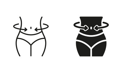 Female Body Slimming Symbol Collection. Shape Waistline Control. Slimming Waist Line and Silhouette Black Icon Set. Woman Loss Weight Pictogram. Isolated Vector Illustration