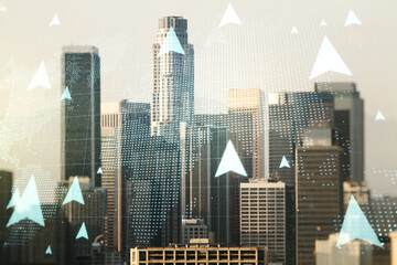 Obraz premium Abstract virtual geolocations map hologram on Los Angeles skyline background. GPS tracking and navigation concept. Multiexposure