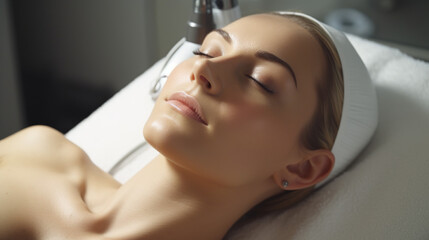 High angle view of beautiful young woman having Radio frequency skin tightening treatment in beauty clinic