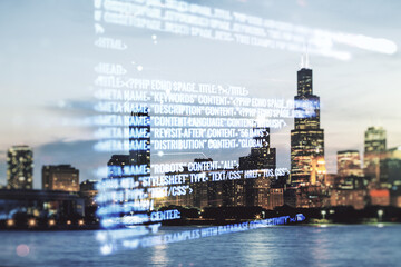 Multi exposure of abstract creative coding sketch on Chicago city skyline background, artificial...