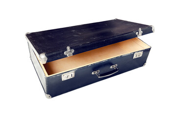 Old open suitcase isolated on white background