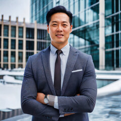 Confident Asian businessman standing in front of office building