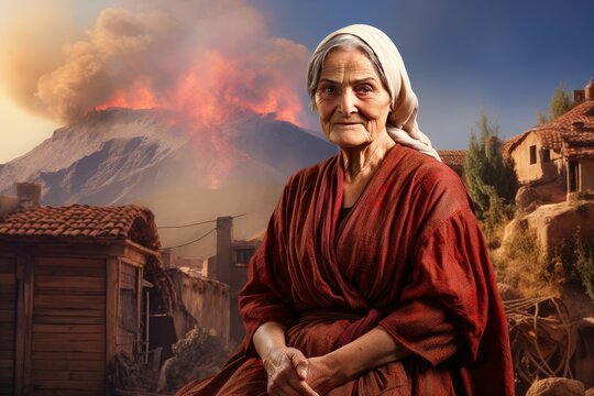 Catastrophic Ancient greek volcano eruption old woman. Smoke color. Generate Ai