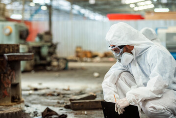 Male inspector team investigate danger chemical gas leak spill with safety face mask PPE suit in...