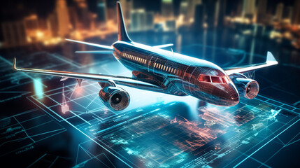An aerospace engineering concept design for an airplane using holograms on a digital tablet.
