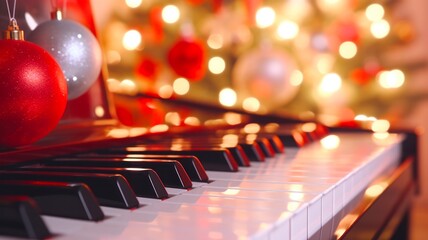 Holiday Melodies: Closeup of Vintage Piano Keyboard Adorned with Christmas Decorations in Festive Banner Background for Winter Music Parties and Artistic Designs.