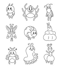 Cute insects characters. Coloring Page. Kawaii beetle, butterfly, ladybug, caterpillar, spider. Vector drawing. Collection of design elements.