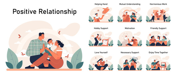 Positive relationships set. Loving family connection and friends support.
