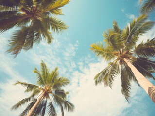 Fototapeta na wymiar Palm Trees under the Azure Sky: Upward View of Sunlit Blue Sky and White Clouds