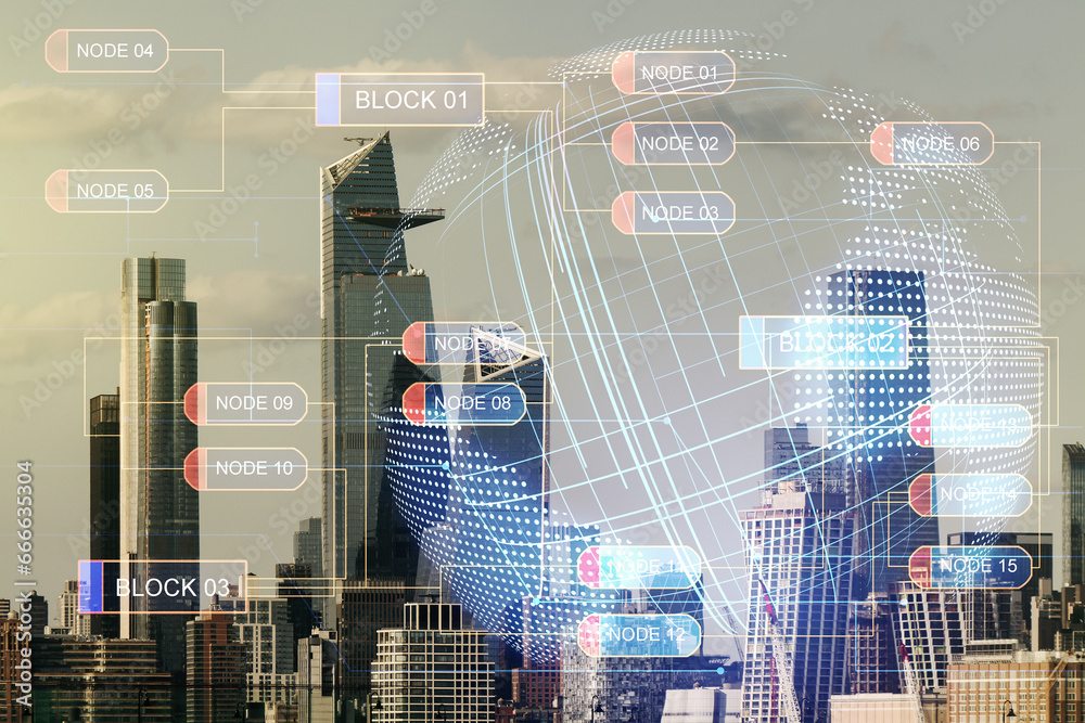 Fototapete double exposure of abstract programming language hologram and world map on new york city skyscrapers
