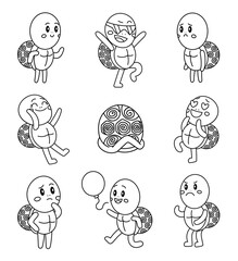 Cute turtle character. Coloring Page. Kawaii reptile shell in different funny poses. Vector drawing. Collection of design elements.