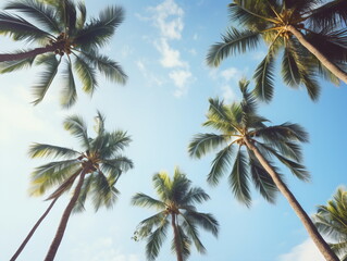 Fototapeta na wymiar Palm Trees under the Azure Sky: Upward View of Sunlit Blue Sky and White Clouds