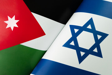 Background of the flags of the israel, jordan. concept of interaction or counteraction between the two countries. International relations. political negotiations. Sports competition. - obrazy, fototapety, plakaty