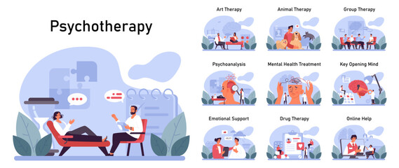 Psychotherapy set. Psychiatrist consulting a patient on mental health - obrazy, fototapety, plakaty