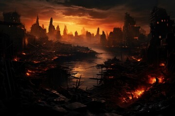 Fototapeta premium Eerie Apocalypse city dark. Street war smoke. Generate Ai