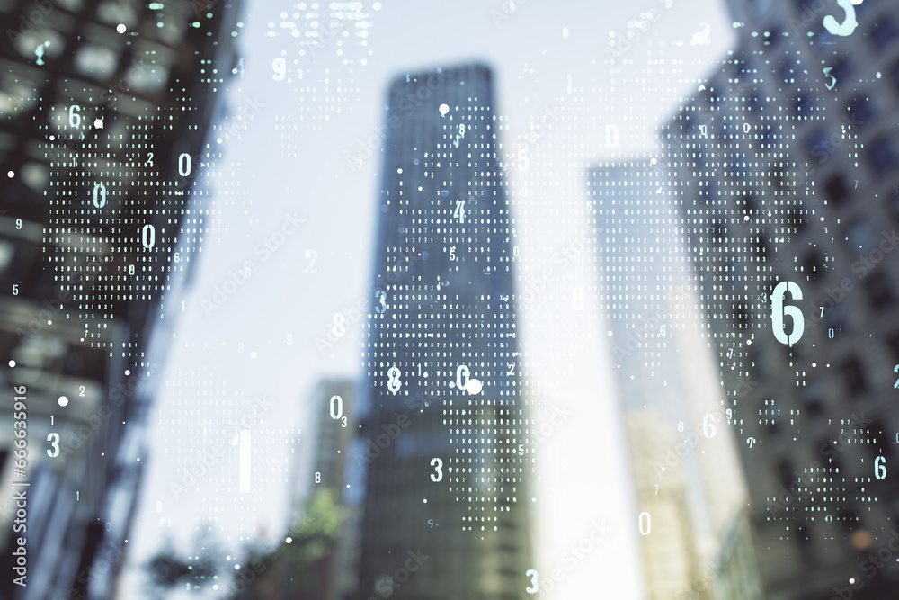 Aufkleber Abstract virtual coding concept and world map hologram on office buildings background. Multiexposure